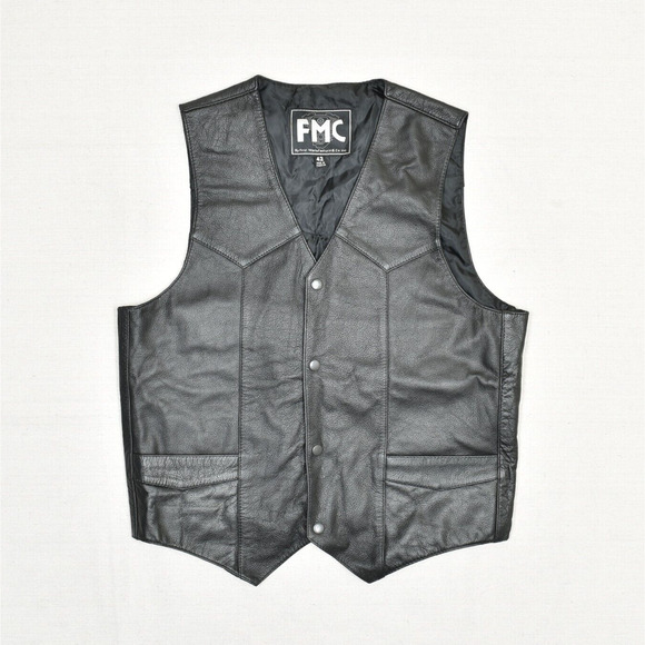 Vintage FMC Men's Biker Motorcycle Snap Vest Leather Black Size 42 Wolf M601 - Picture 1 of 8
